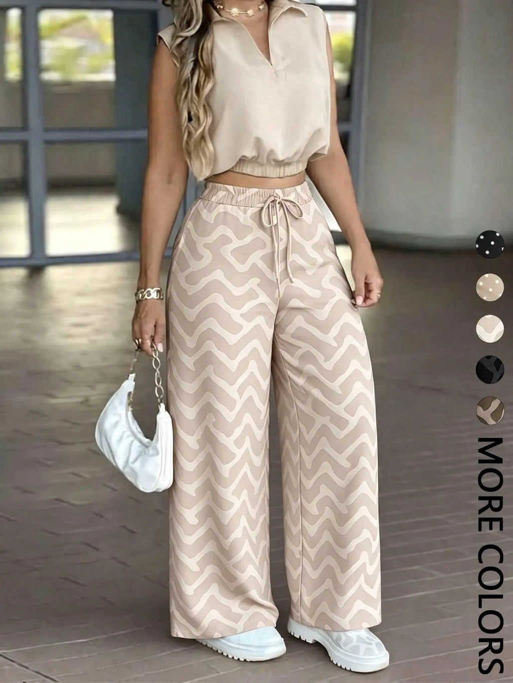 Women's 2-Piece Casual Office Sleeveless Collared Short Crop Top + High-Waisted Adjustable Drawstring Wide Leg Pants, Daily Wear Essential Set