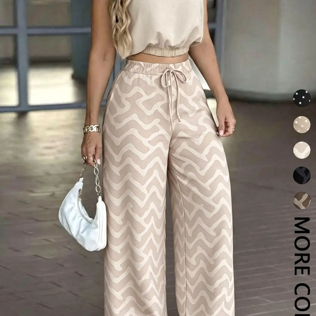 Women's 2-Piece Casual Office Sleeveless Collared Short Crop Top + High-Waisted Adjustable Drawstring Wide Leg Pants, Daily Wear Essential Set