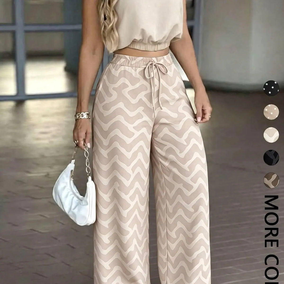 Women's 2-Piece Casual Office Sleeveless Collared Short Crop Top + High-Waisted Adjustable Drawstring Wide Leg Pants, Daily Wear Essential Set