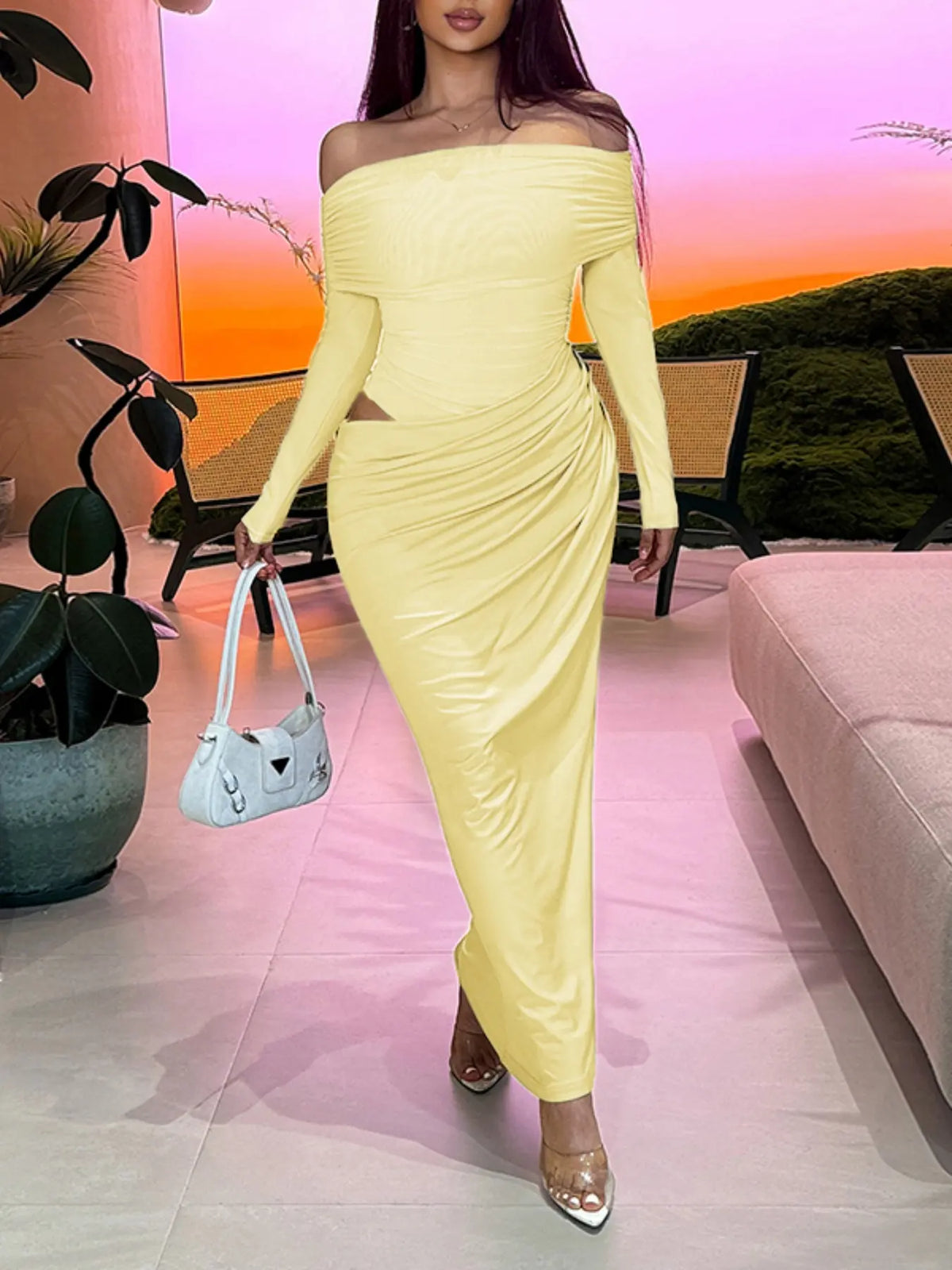 Women's Plain Off Shoulder Ruched Sheer Mesh Dress, 2025 Elegant Long Sleeve Long Dress for Party Banquet, Ladies Summer Clothes