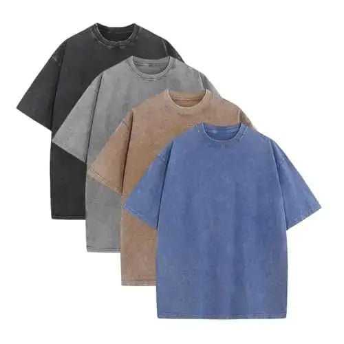 Men's 4-Pack Baggy Oversized Heavyweight Acid Wash Cotton Short-Sleeve Classic Crew Neck Tees - Loose-Fit, Breathable Cotton Keeps Workouts Cool, Built for Gym Street Lounge, Easy-Care Tops (Black, Coffee, Grey)