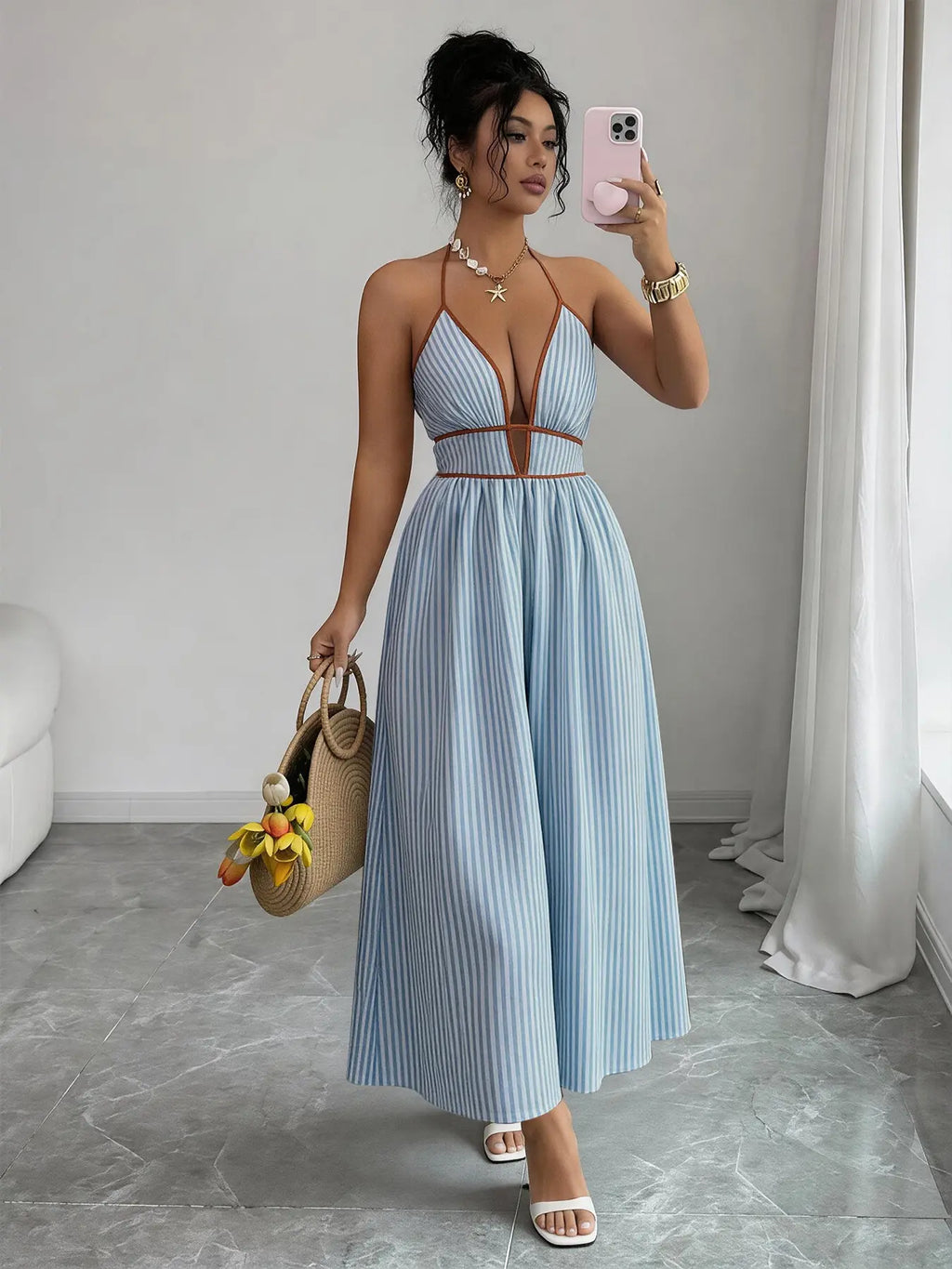 Women's Striped Deep V Neck Backless Sleeveless Maxi Dress, Striped Pattern Dress, Date Night Dresses, Womenswear, Sexy Vacation Chic Style, Elegant Summer Fashion, Perfect for Parties and Casual Wear