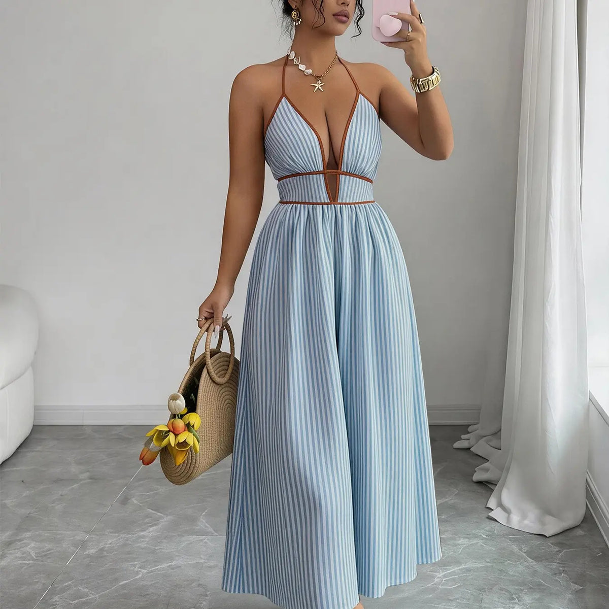Women's Striped Deep V Neck Backless Sleeveless Maxi Dress, Striped Pattern Dress, Date Night Dresses, Womenswear, Sexy Vacation Chic Style, Elegant Summer Fashion, Perfect for Parties and Casual Wear