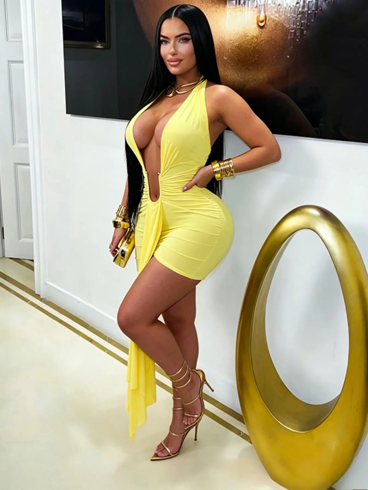 Women's Deep Plunge Halter Bodycon Dress with Metal Ring, Sexy Party Dress for Nightclubs, Music Festivals, and Cocktail Parties, Fit