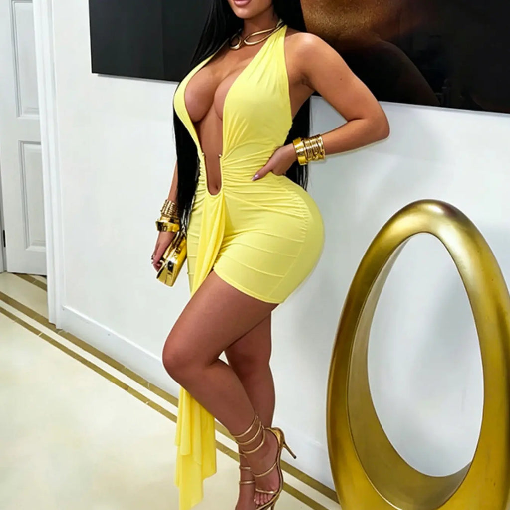 Women's Deep Plunge Halter Bodycon Dress with Metal Ring, Sexy Party Dress for Nightclubs, Music Festivals, and Cocktail Parties, Fit