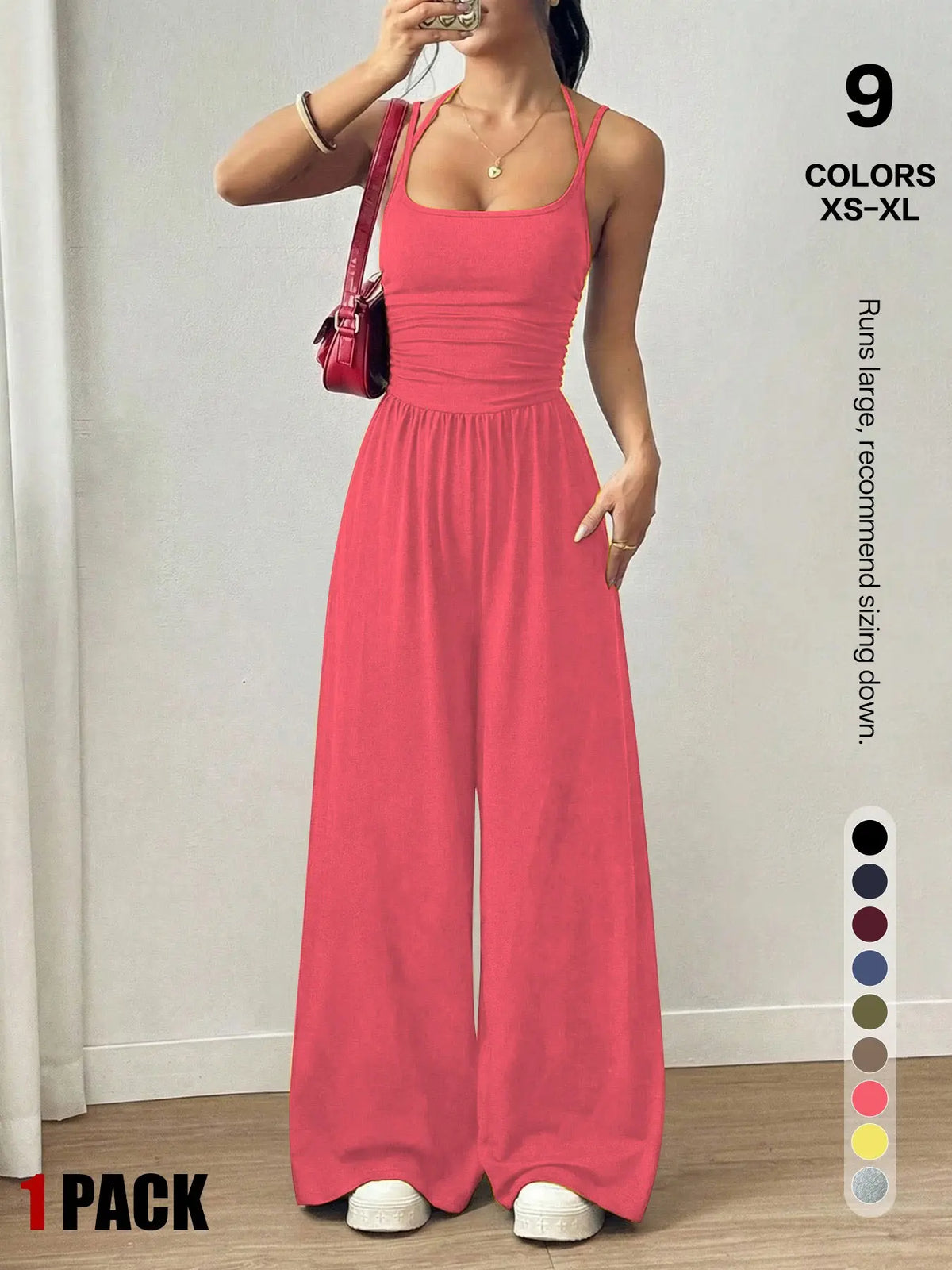 Women's Backless Jumpsuit, Basic Spaghetti Strap Smocked Bodice One Piece Romper, Sleeveless Wide Leg Casual Outfit, No Pockets, All Seasons Vacation Wear