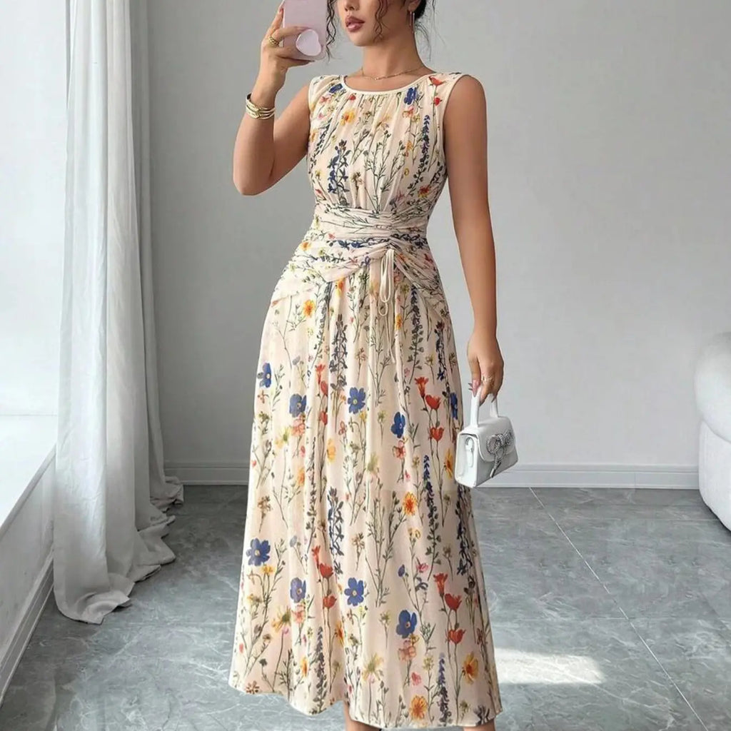 Women's Elegant Boho Floral Print Lightweight Mesh A-Line Dress, Sleeveless Adjustable Drawstring Design Long Formal Party Gown, Comfortable Office Wear, Chic Evening Dress, Versatile Daily Wear
