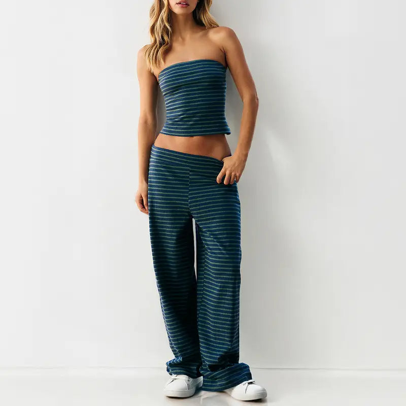 Katch Me Chic(US/CN)Women's Casual Color Matching Stripe Slim Tube Top & Low-Rise Wide Leg Trousers Co-ord, Lightweight Wrinkle-Resistant Spring & Summer Outfits, Skin-Friendly Two Piece Sets #TikTokMadeMeBuyIt #TwoPieceSet #SummerEssentials Cropped Soft