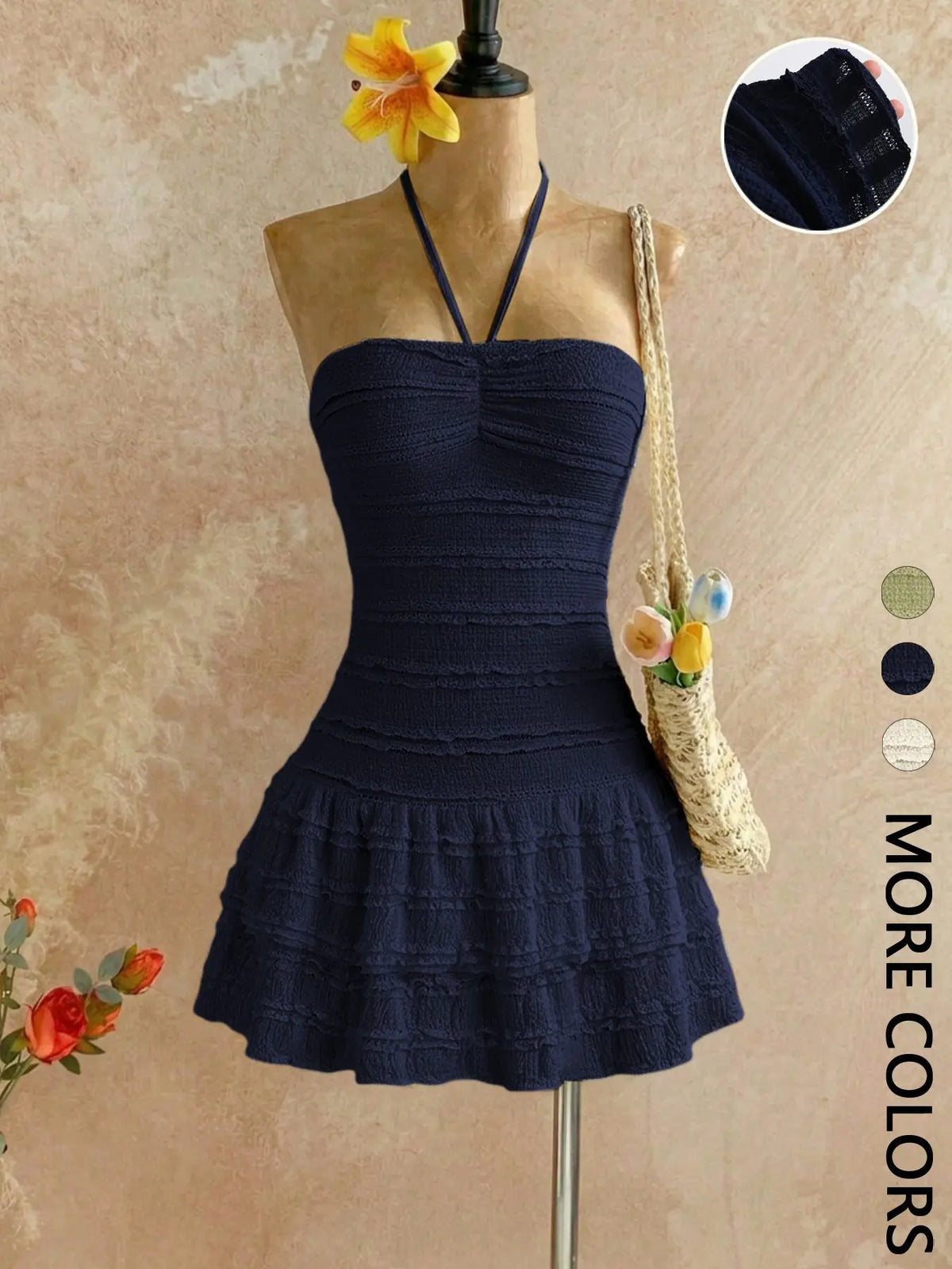 Women's Textured Smocked Halter Mini Dress, Ruched Bust, Multi-Layer Ruffled Tiered Hem, Stretchy Knit, Adjustable Tie Straps, Date Night & Vacation Wear, Sleeveless Ruffle Dress