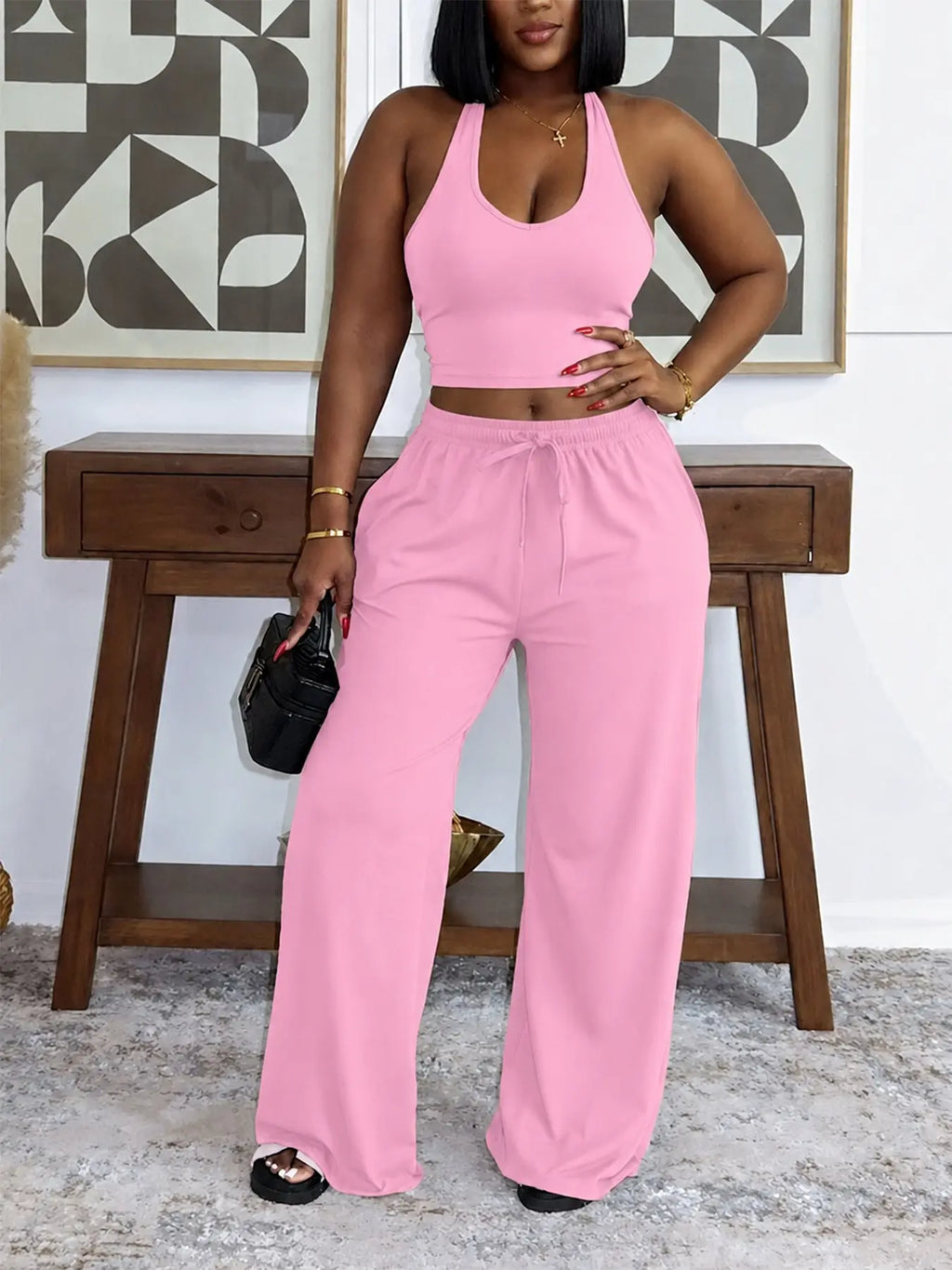 Summer New Women's Halter Neck Slimming Top & Wide-Leg Pants, Casual Backless Waist Cinch Crop Top & Drawstring Waist Pants, Womenswear