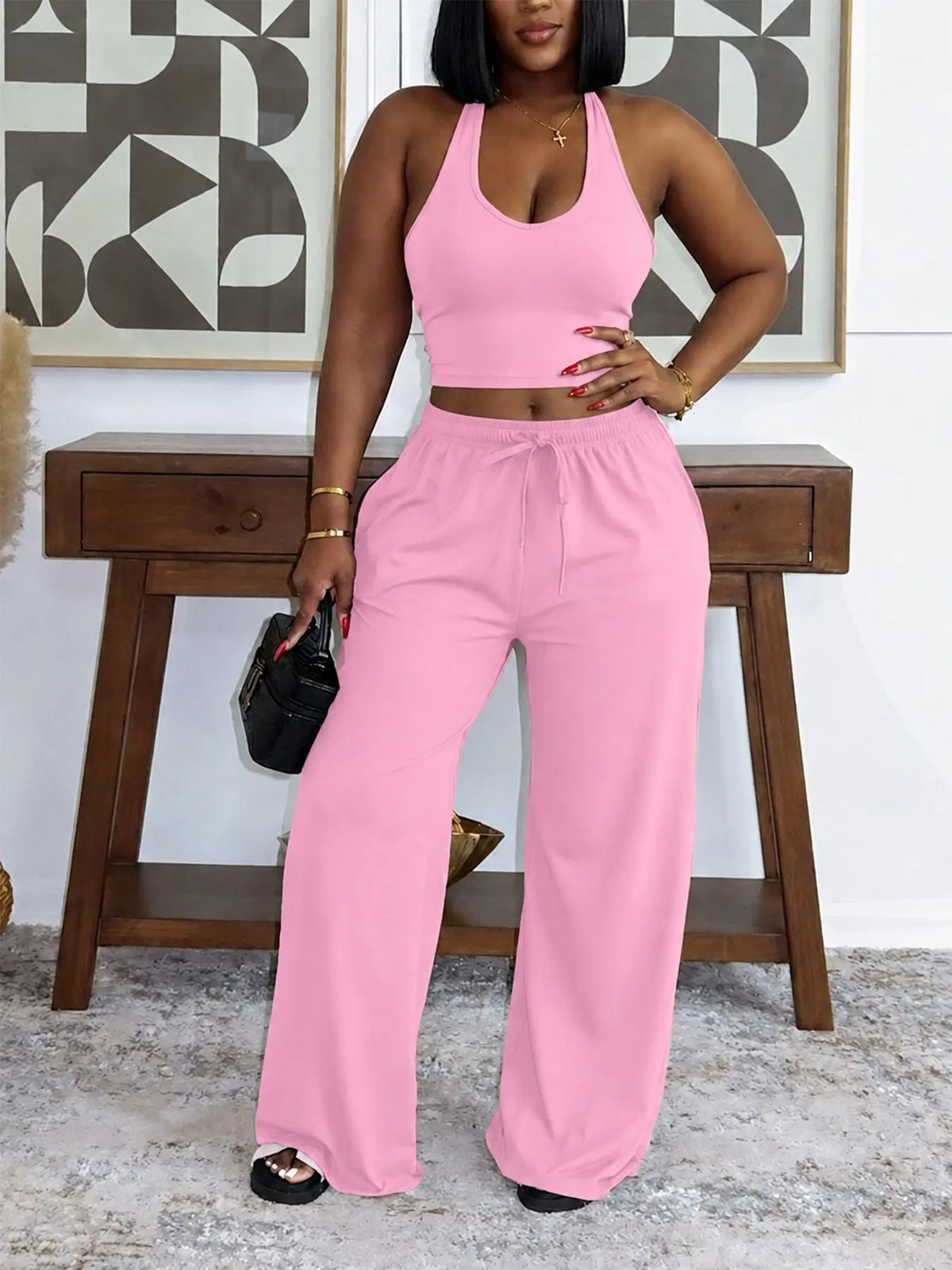 Summer New Women's Halter Neck Slimming Top & Wide-Leg Pants, Casual Backless Waist Cinch Crop Top & Drawstring Waist Pants, Womenswear