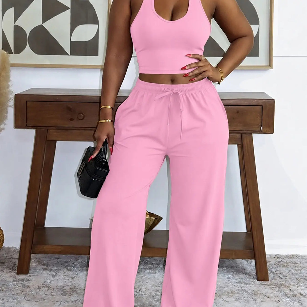 Summer New Women's Halter Neck Slimming Top & Wide-Leg Pants, Casual Backless Waist Cinch Crop Top & Drawstring Waist Pants, Womenswear