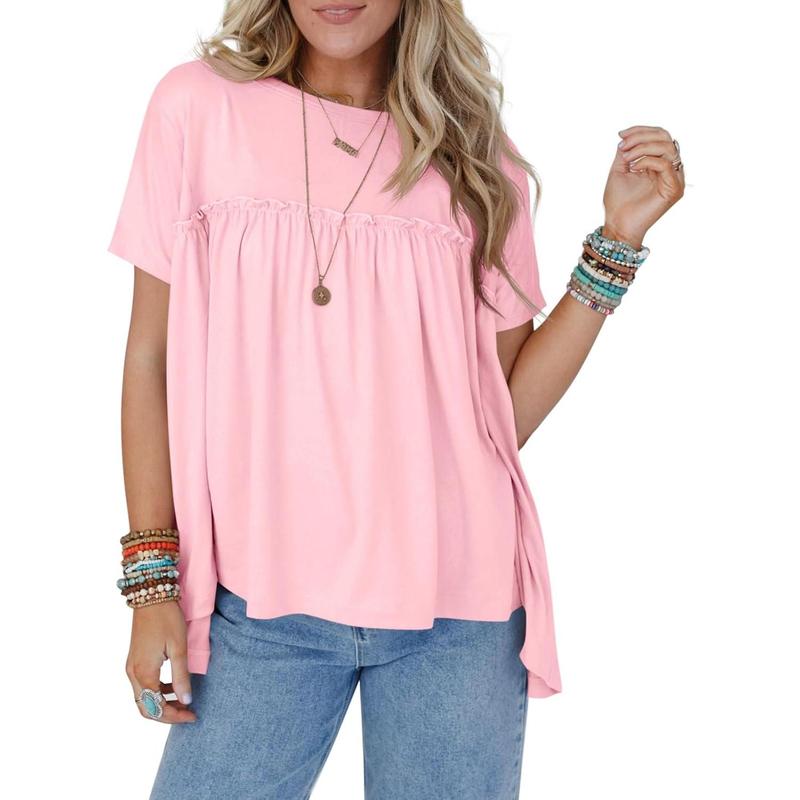 Imily Bela Womens Summer Babydoll Tunic Tops Pleated Short Sleeve Crew Neck Peplum T Shirts Casual Loose Fit Outfits Womenswear Blouse church outfit Breathable Chic