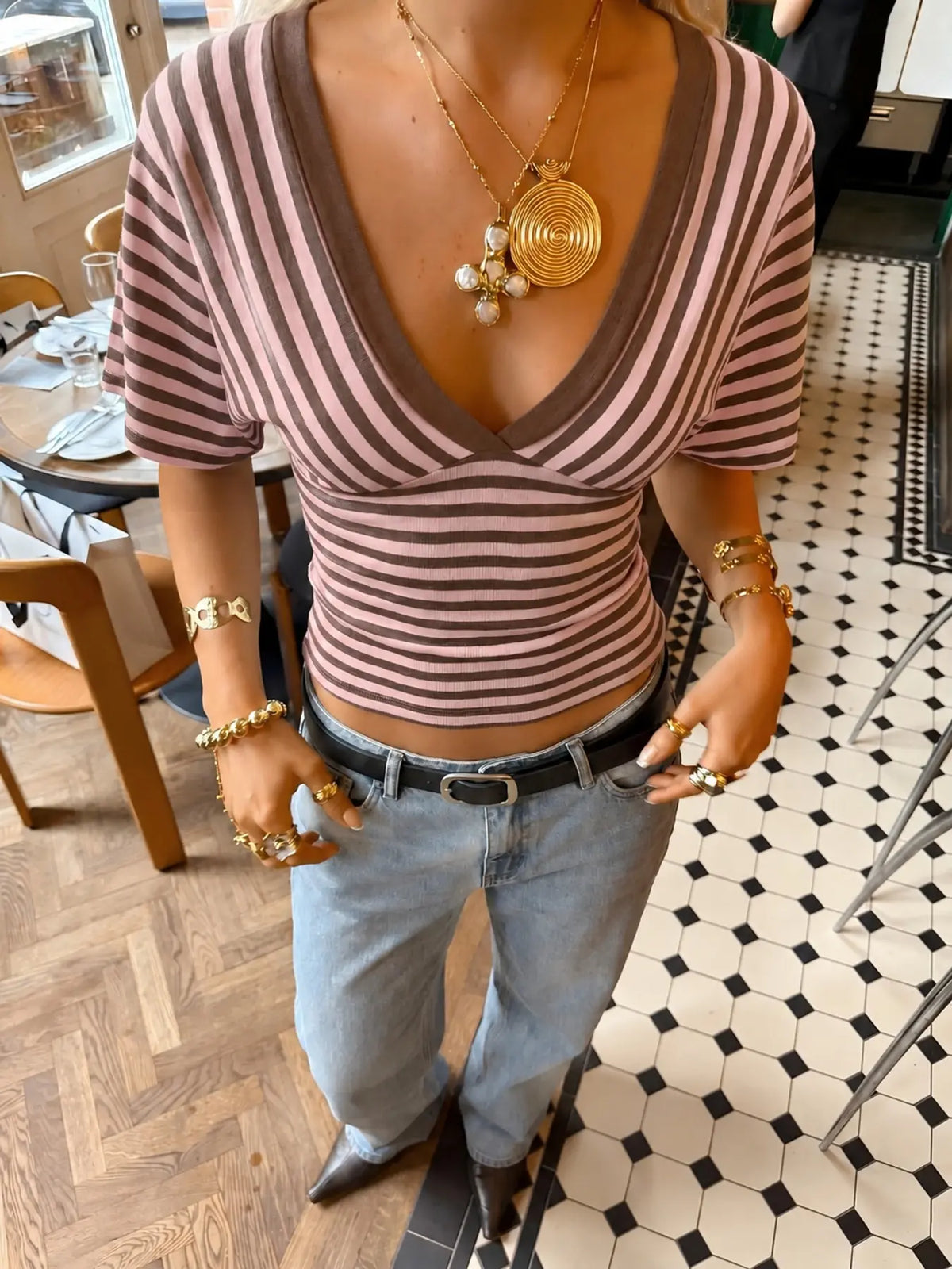 Striped V-Neck Wrap Top, Form-Fitting Puff Sleeve Y2K Crop Blouse, Stylish, Comfortable and Fashion Piece for Everyday Wear, Casual Everyday Tops