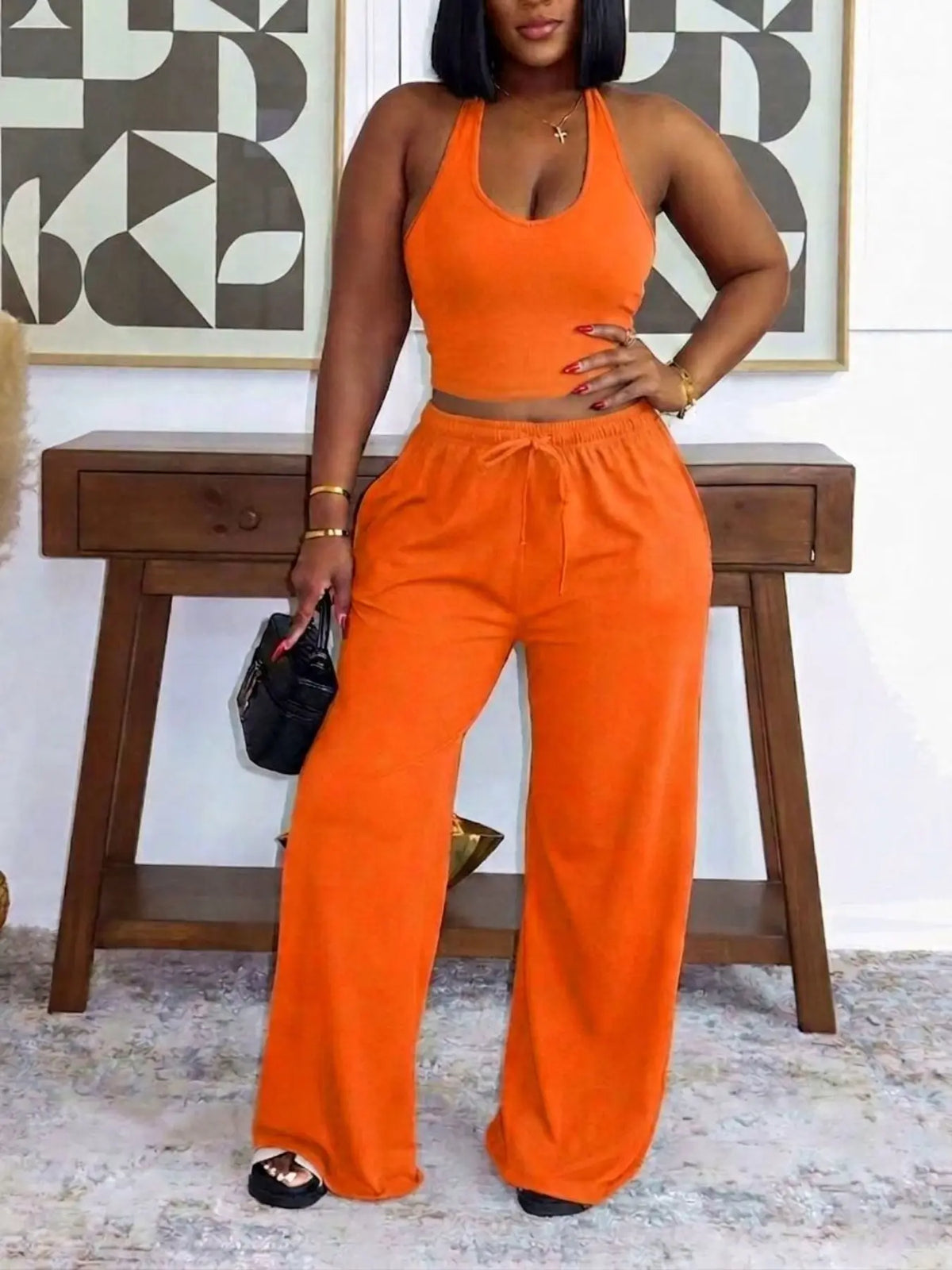 Summer New Women's Halter Neck Slimming Top & Wide-Leg Pants, Casual Backless Waist Cinch Crop Top & Drawstring Waist Pants, Womenswear