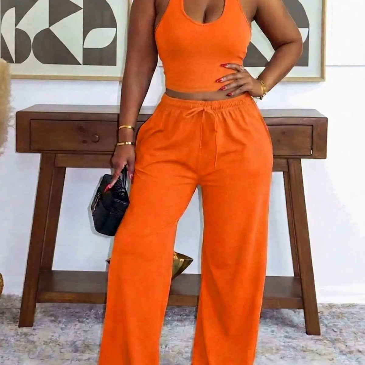 Summer New Women's Halter Neck Slimming Top & Wide-Leg Pants, Casual Backless Waist Cinch Crop Top & Drawstring Waist Pants, Womenswear
