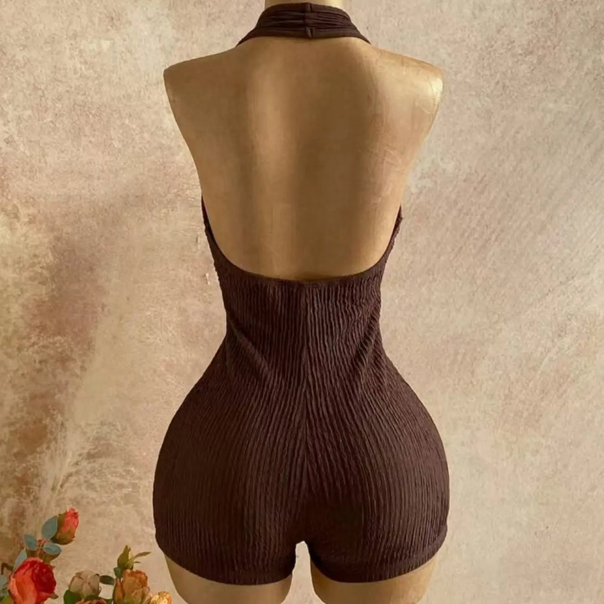 Women's Backless Halter-Neck Sleeveless One-Piece Short Chic Romper with Belt, Stylish Comfortable All-Season Daily Wear