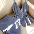Women's Spaghetti Strap V Neck Tie Waist Top & High Waist Wide-Leg Shorts 2 Piece Set, Blue & White Striped Print Matching Outfit, Casual Co-ord Set for Beach, Vacation, Date Night & Daily Wear, Trendy Aesthetic Summer Wear Lightweight Ladies Clothes