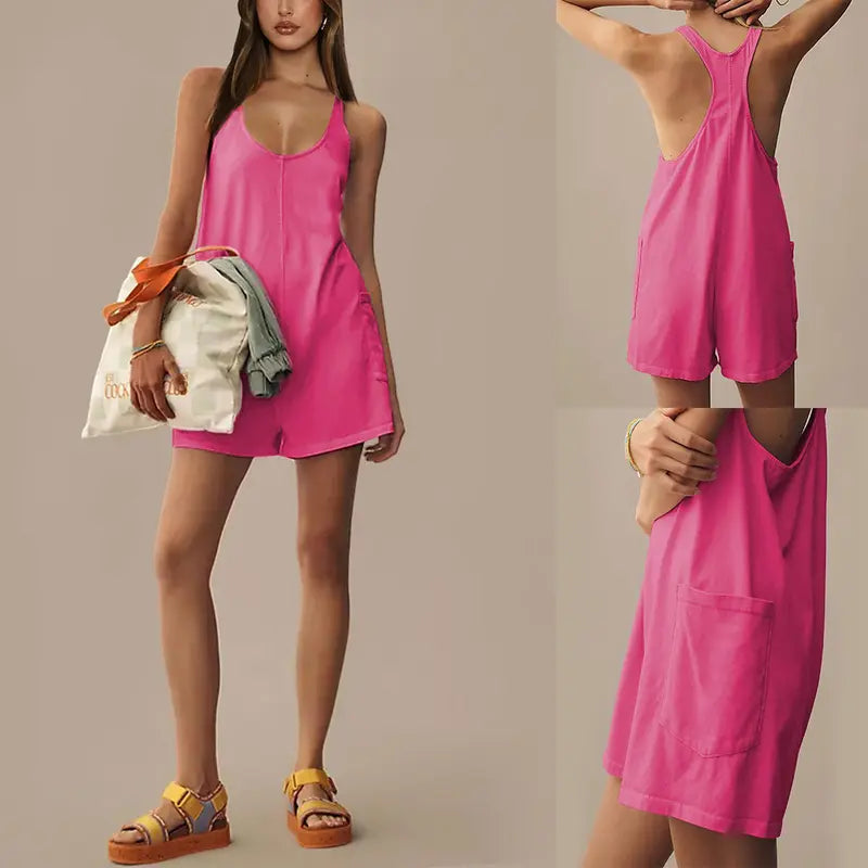 Ommig Women's Breezy Cotton-Elastane Pocketed Pullover Romper - Cute Sleeveless Square Neck Oversized Casual Athletic Basics, Above-The-Knee Work-To-Beach Maternity Summer Shorts Jumpsuit