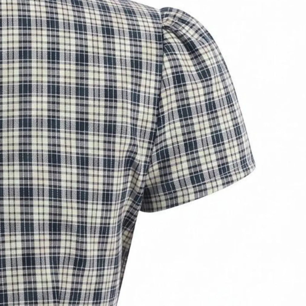 Versatile Blue & White Plaid Button-Down Shirt, Wrinkle Resistant Fitted Short Sleeve Shirt, Soft Stretch Cotton Top, 2026 Trending Preppy Style for Daily, Brunch, Campus and Street, Casual Sexy Outfit