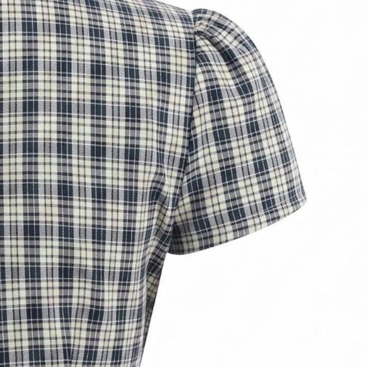 Versatile Blue & White Plaid Button-Down Shirt, Wrinkle Resistant Fitted Short Sleeve Shirt, Soft Stretch Cotton Top, 2026 Trending Preppy Style for Daily, Brunch, Campus and Street, Casual Sexy Outfit