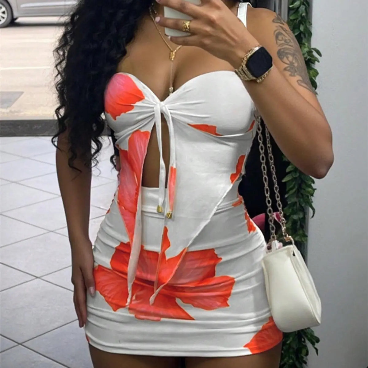Women's Floral Print Knit Fabric Tube Top & Bodycon Skirt Two-piece Set Skirt Sets, Matching Sets, Two Pieces Sets, Fashion Casual Strapless Crop Short Top & Skirt for Daily Outdoor Wear, Ladies Clothes Womenswear for All Seasons