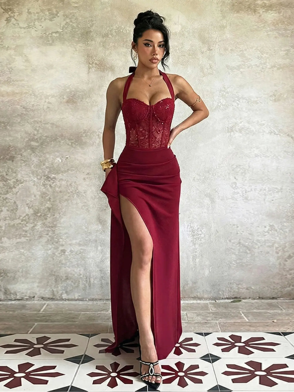 Sequined Split Halter Dress, Plain Slim-Fitting Evening Gown