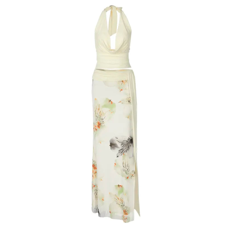 Women's Chic 2-Piece Fitted Matching Set - Cowl Neck Backless Crop Tank Top, Floral Print Sheer Fabric Maxi Skirt with Thigh-High Slit, Tie Waist, Deep V Evening Holiday Party Outfits, Sohochic Women's Clothing Set