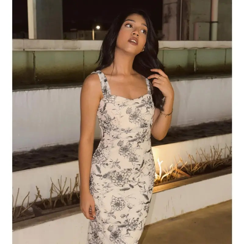 HYZ Women's Summer Floral Print Square Neck Mesh Sleeveless Bodycon Midi Party Dress