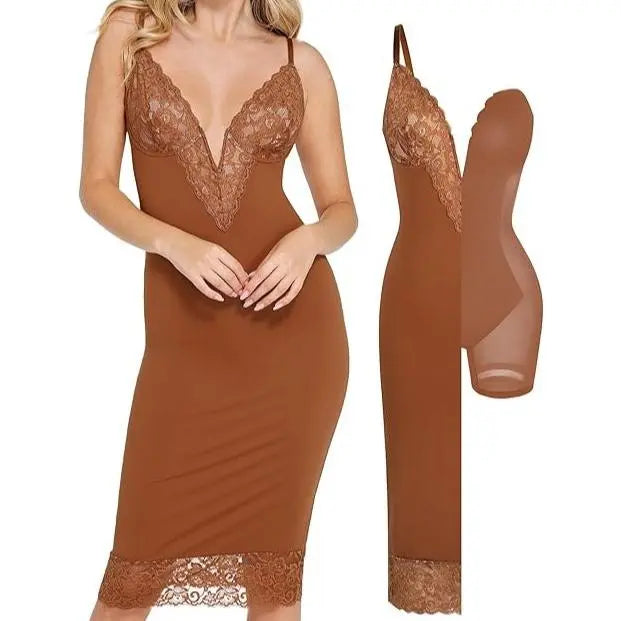 Popilush Lace Bodycon Dress Deep V-Neck Spaghetti Strap Shapewear Women Tummy Control Cocktail Party Elegant Floral