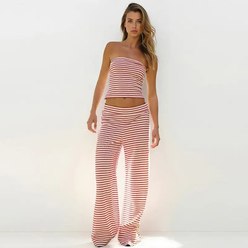 Katch Me Chic(US/CN)Women's Casual Color Matching Stripe Slim Tube Top & Low-Rise Wide Leg Trousers Co-ord, Lightweight Wrinkle-Resistant Spring & Summer Outfits, Skin-Friendly Two Piece Sets #TikTokMadeMeBuyIt #TwoPieceSet #SummerEssentials Cropped Soft