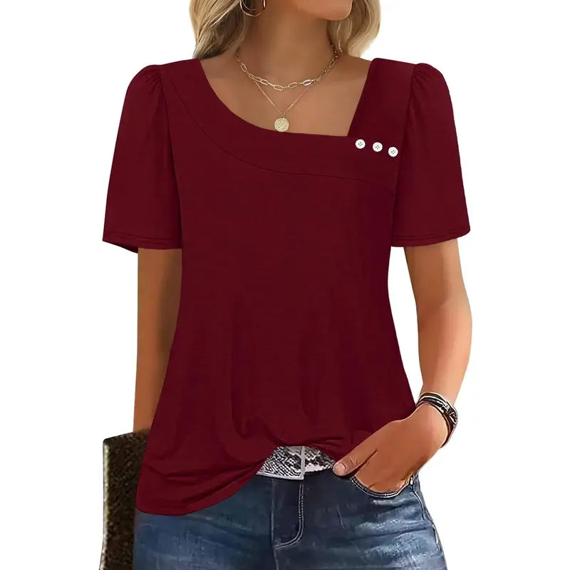 WIHOLL Women's Striped Short-Sleeve Boat Neck Blouse - Elegant Dressy Casual Loose-Fit Top with Button Detail, Soft Stretch Polyester Blend, Chic Aesthetic Blouses & Shirts, Check Size Chart, Back-to-School Outfits