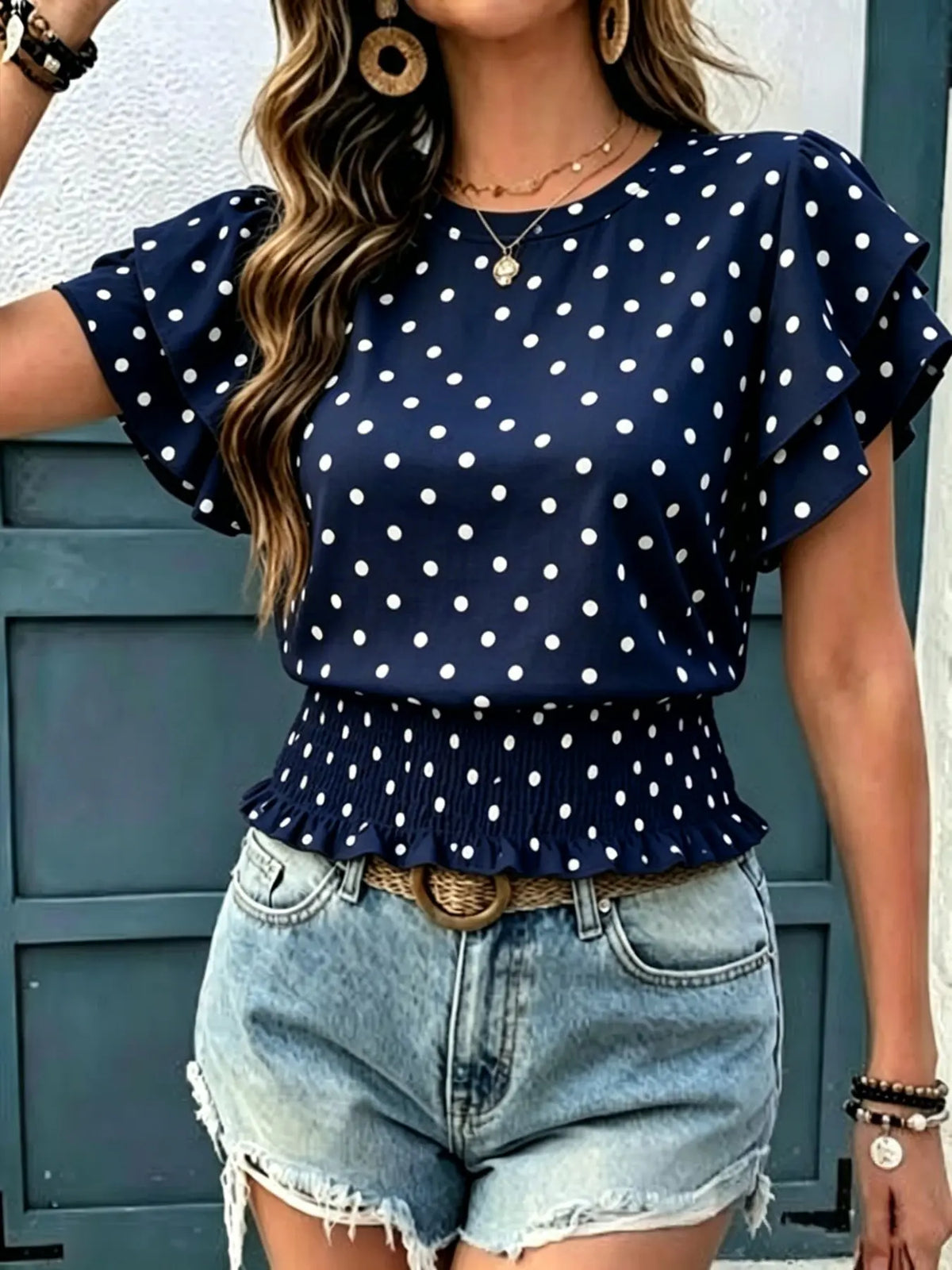 Women's Casual Polka Dot Ruffled Hem Short Sleeve Round Neck Top, Summer Fashion Blouse, Comfortable and Stylish Top for Daily Wear