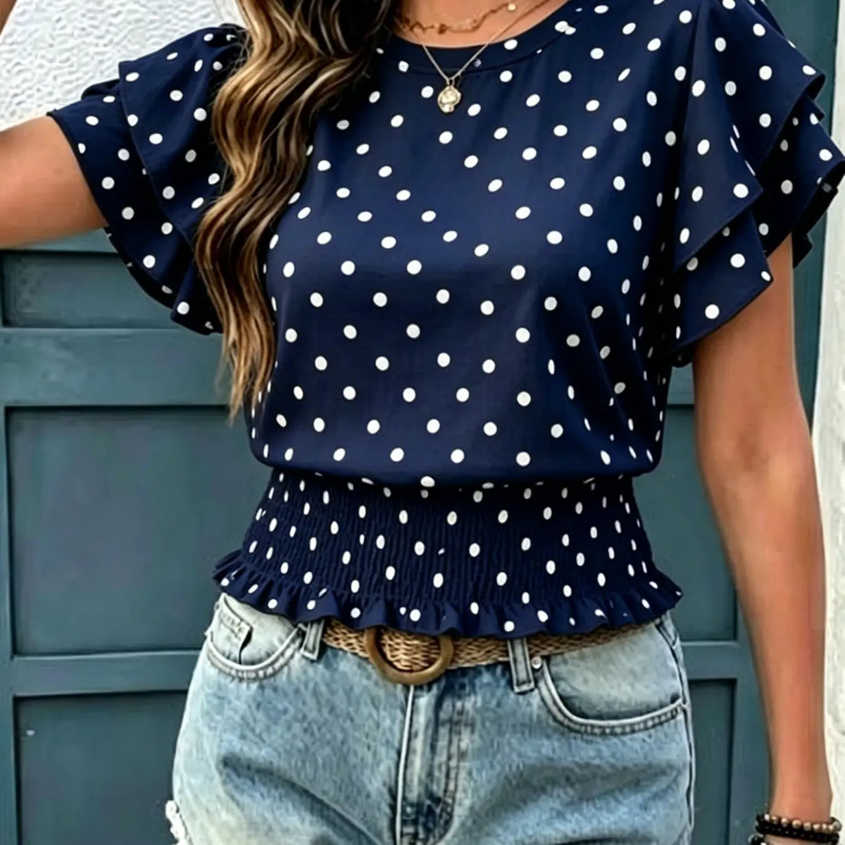 Women's Casual Polka Dot Ruffled Hem Short Sleeve Round Neck Top, Summer Fashion Blouse, Comfortable and Stylish Top for Daily Wear