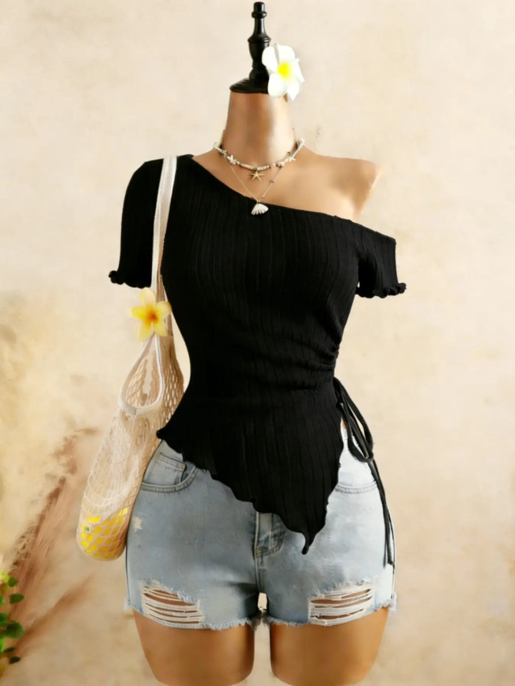Fashion Asymmetrical Shoulder Top for Women, Womenswear Knitted Ribbed Hem Short Sleeve T-Shirt with Adjustable Side Tie, Stylish Casual Wear, Lady