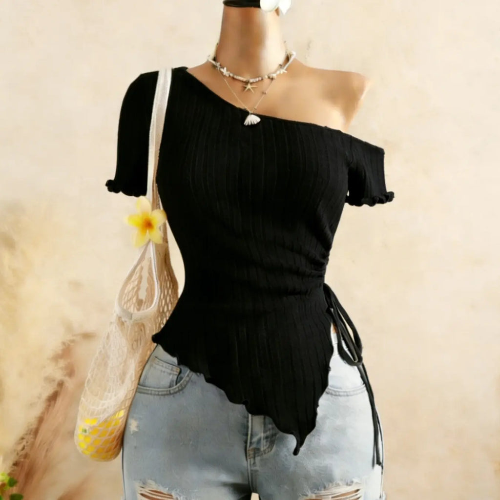 Fashion Asymmetrical Shoulder Top for Women, Womenswear Knitted Ribbed Hem Short Sleeve T-Shirt with Adjustable Side Tie, Stylish Casual Wear, Lady
