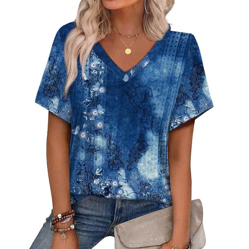 WIHOLL Women's 2026 Summer Basic Trendy Blouses - V-Neck Shortsleeve Lightweight Digital Print 12 Top, Stylish Dressy Casual Vacation Outfit, Women's Clothing