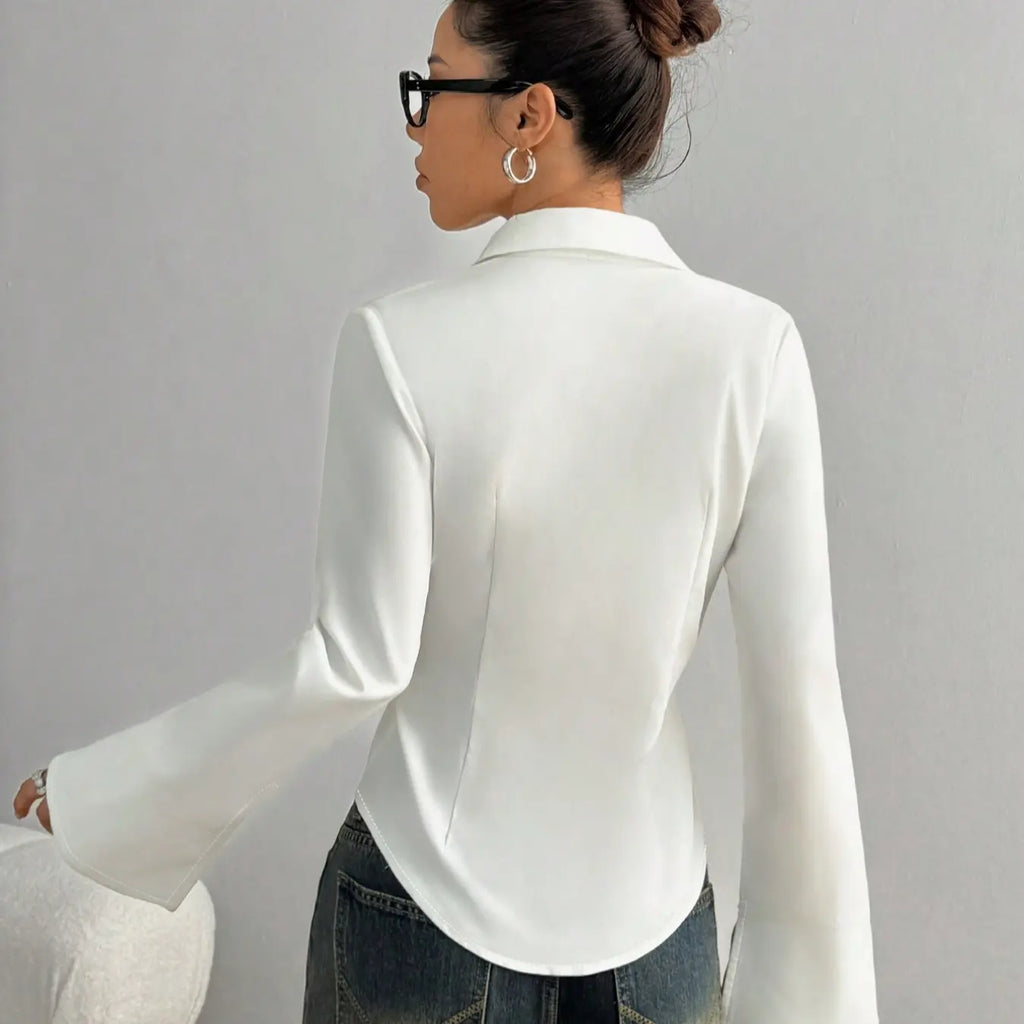 Women's Slim-Fit Button-Down Long-Sleeved Casual Shirt Blouse Top, Basic, Suitable for Daily Commuting, Button Down Blouses