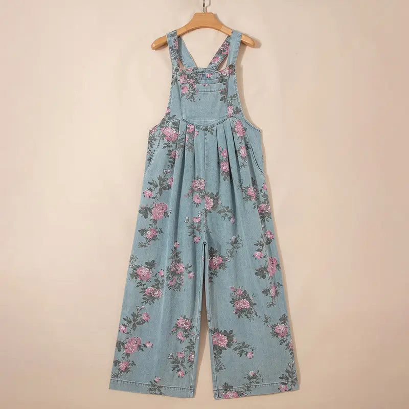 Mntaor Women's Trendy High Waist Wide Leg Denim Jumpsuit Beau Blue Floral Print Pleated Detail Comfortable Stretch Instant Outfit for Vacations Date Nights Work From Home Womenswear Overalls