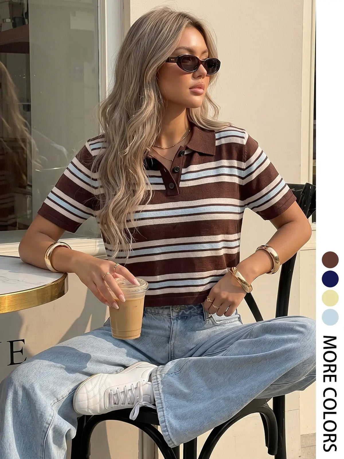 Elegant Women's Spring Summer Fashion Casual Home Office Commute Basic Simple Fitted Knit Striped Collar Button Half Open Short Sleeve Pullover Tops Collared Top