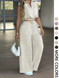 2-Piece Women's Casual Commuter Clothes Set, Two Pieces Outfits, Sleeveless Collared Waist-Defined Top with High-Waisted Adjustable Drawstring Wide-Leg Pants