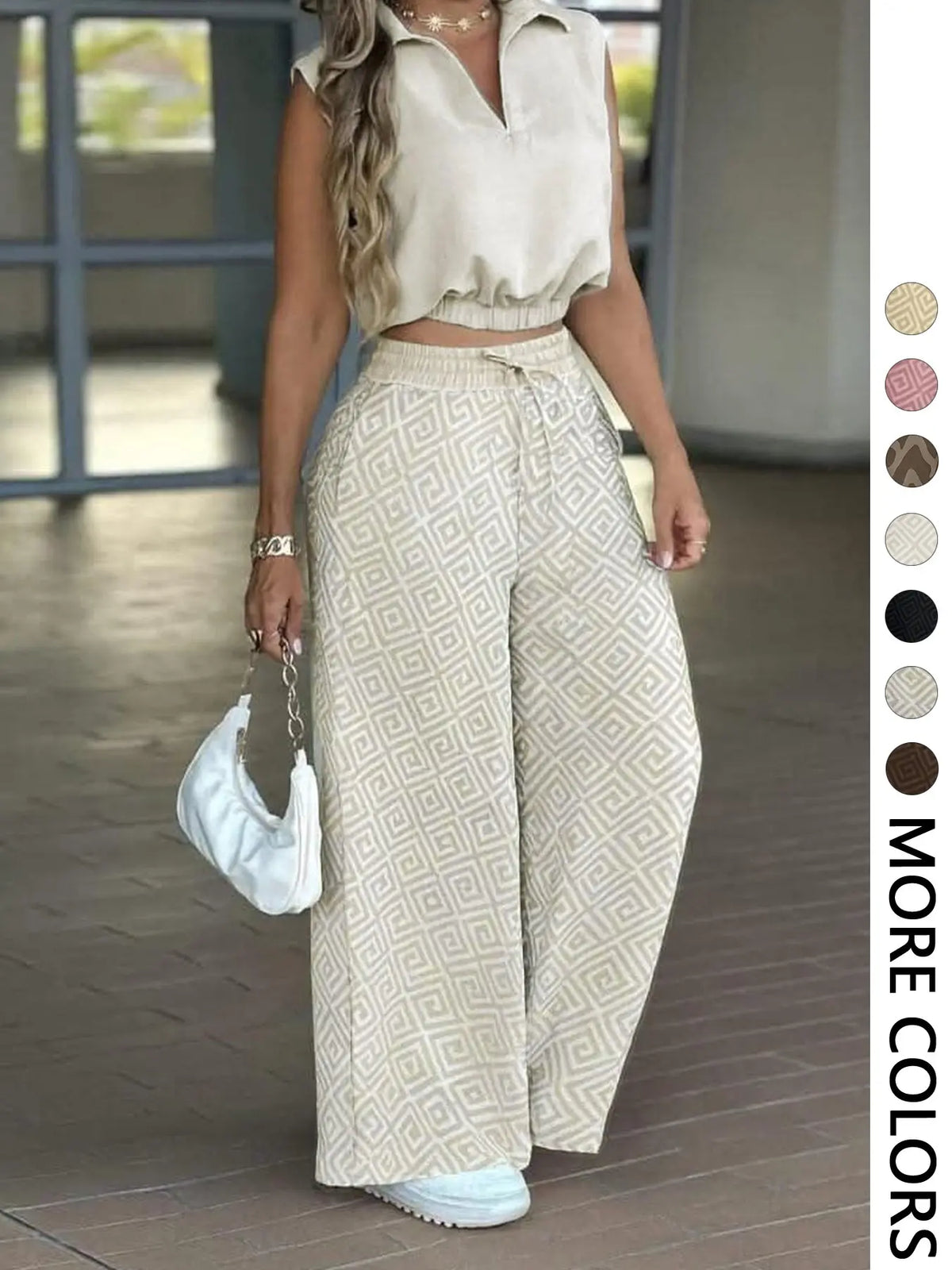 2-Piece Women's Casual Commuter Clothes Set, Two Pieces Outfits, Sleeveless Collared Waist-Defined Top with High-Waisted Adjustable Drawstring Wide-Leg Pants