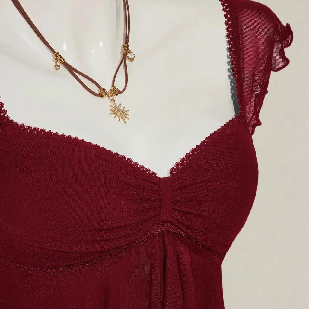 Burgundy Ruffled Sheer Mesh Babydoll Top, Y2K Sweetheart Neck Ruched Fitted Top for Women, Flowy Tiered Hem, Stretchy Fabric, Casual & Night Out Vibe
