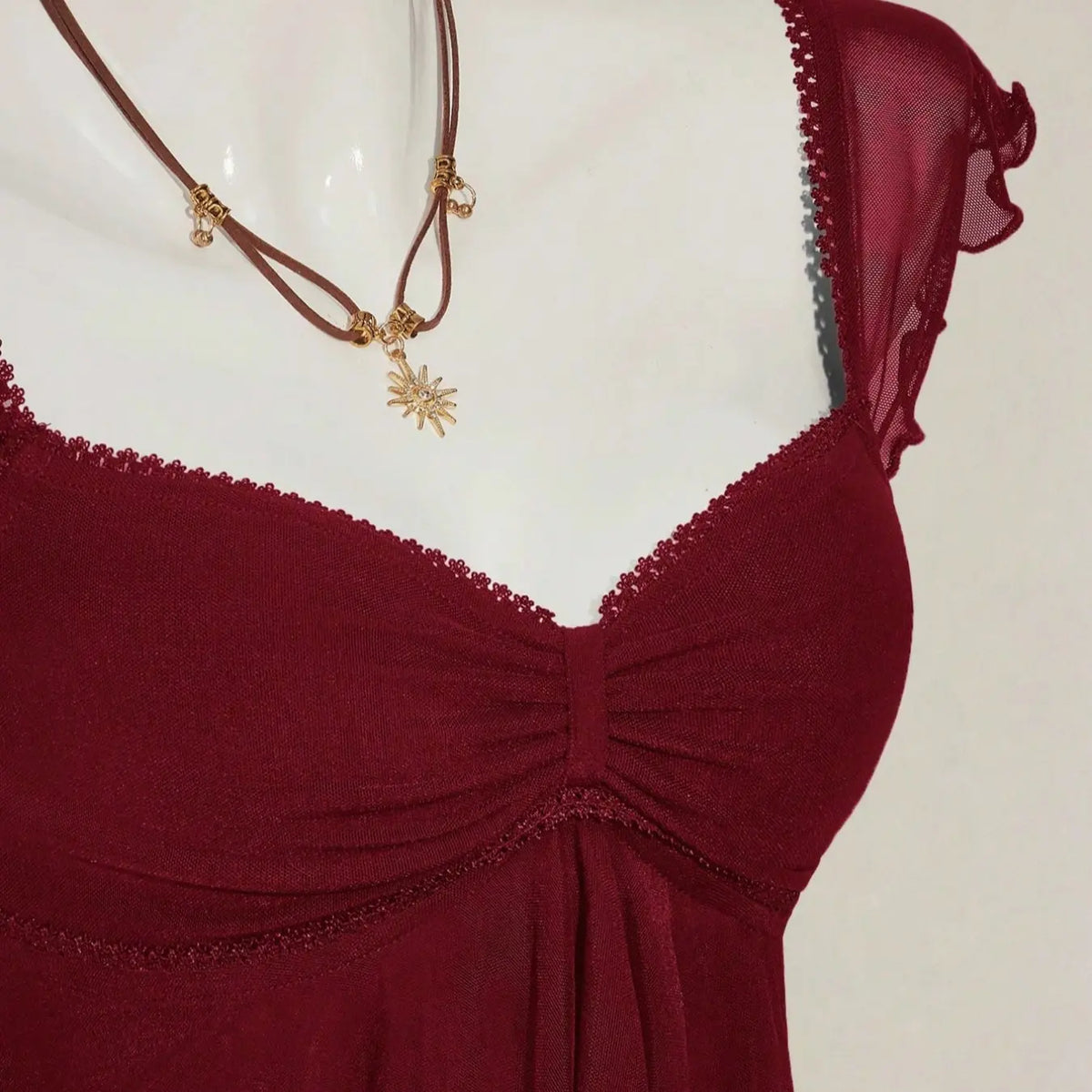 Burgundy Ruffled Sheer Mesh Babydoll Top, Y2K Sweetheart Neck Ruched Fitted Top for Women, Flowy Tiered Hem, Stretchy Fabric, Casual & Night Out Vibe