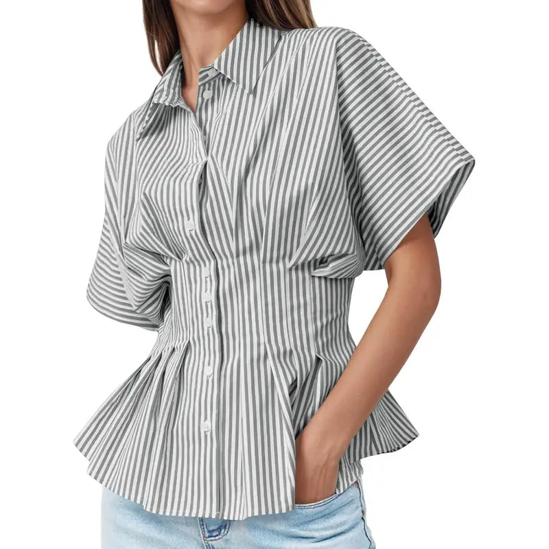 TANKANEO Women's Striped Peplum Button-Down Blouse - Short-Sleeve Batwing, Fitted Waisted, Pleated Polyester Shirts for Women, Flattering Everyday Tops, Breathable Casual Summer Business Wear