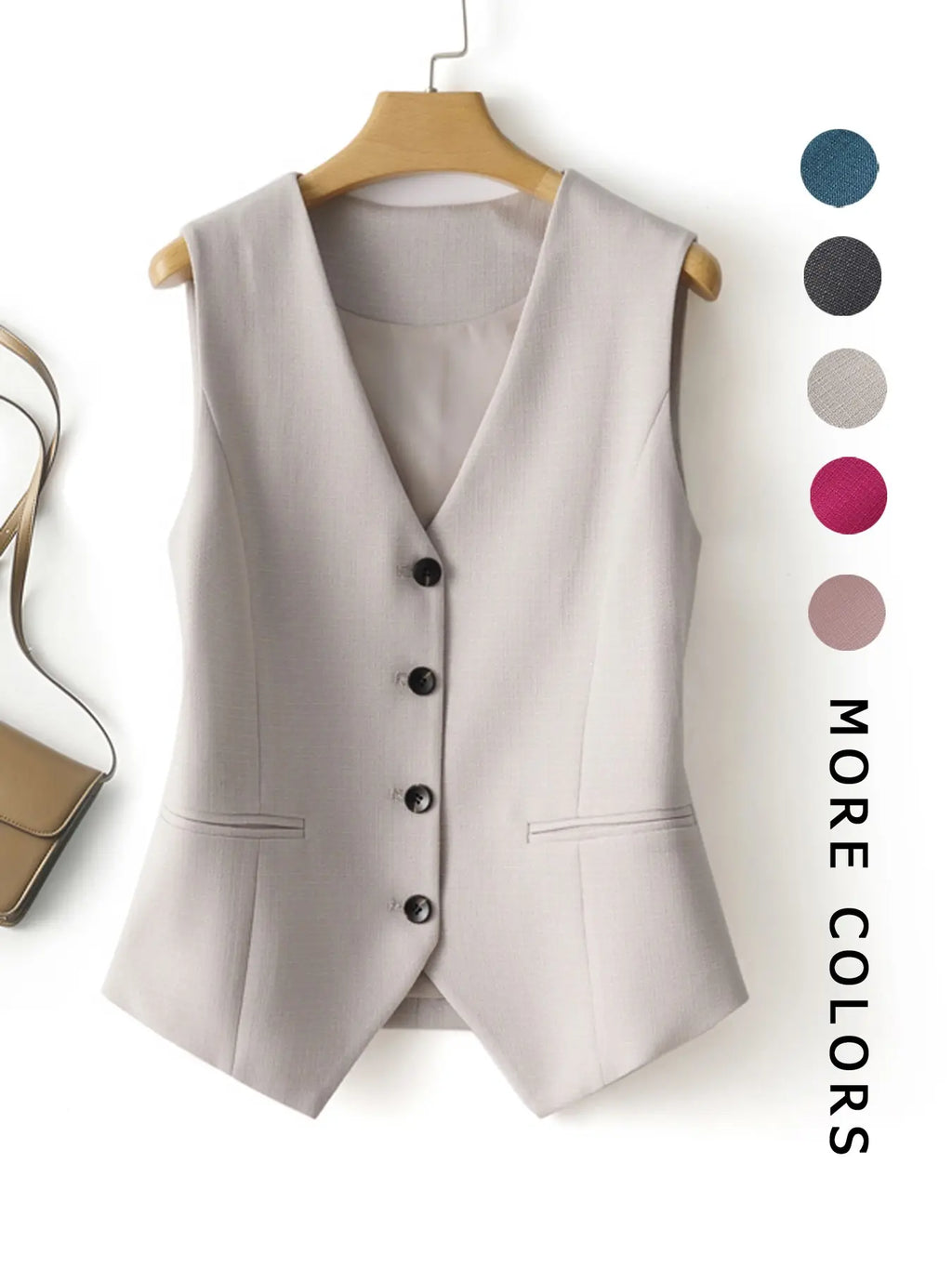 Women's V-Neck Button Gilet, Button Front Vest, Short Elegant Vest for Spring & Fall, Casual Plain Surface Outerwear, Fashionable Slim Fit Top