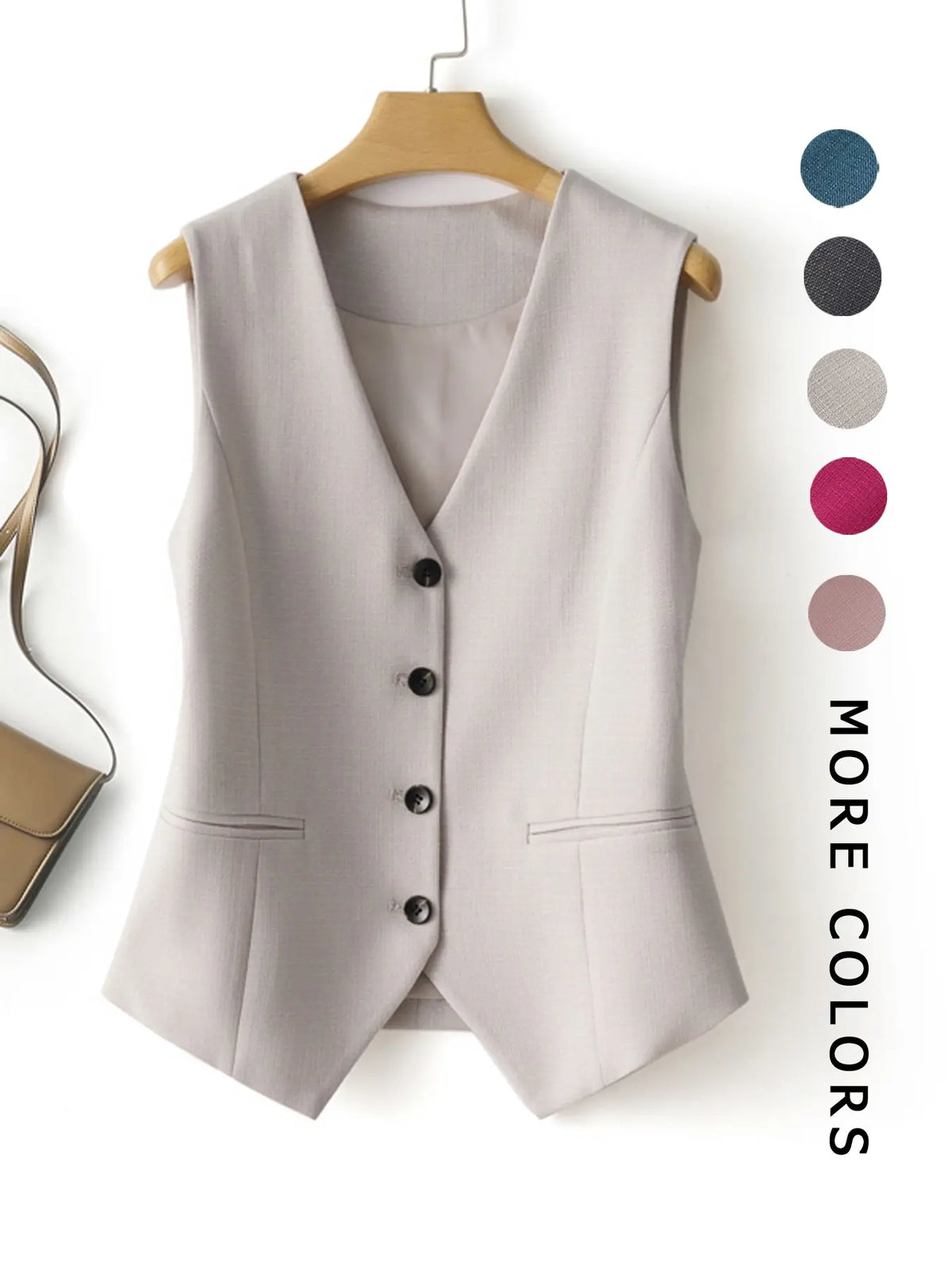 Women's V-Neck Button Gilet, Button Front Vest, Short Elegant Vest for Spring & Fall, Casual Plain Surface Outerwear, Fashionable Slim Fit Top
