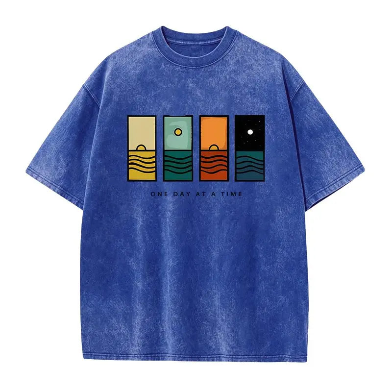 Acid Wash Vintage One Day At A Time Graphic T-Shirt, Minimal Retro Daily Casual Tee, Heavyweight Cotton Streetwear Unisex Crewneck Tshirt