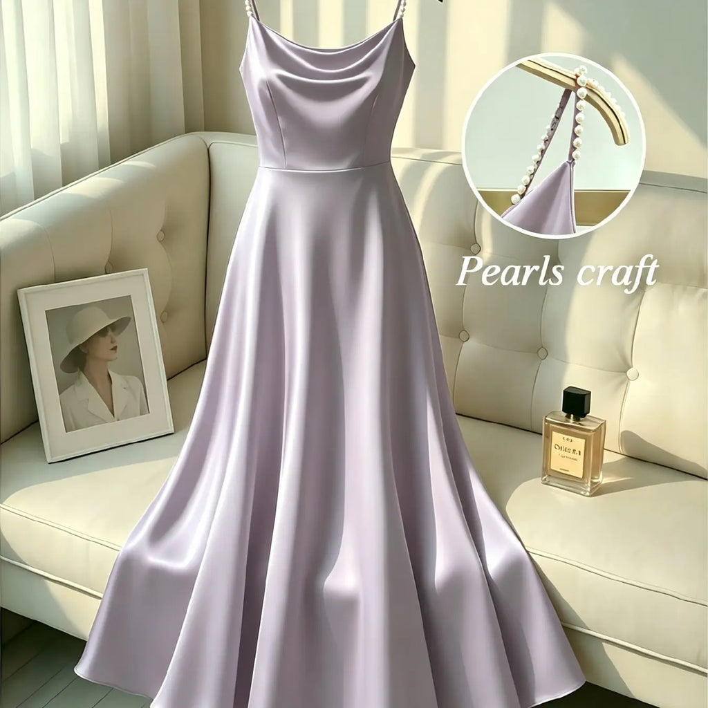 Elegant Satin Dress for Women, Handmade Beaded Strapless Formal Evening Gown, Waist Cinched Design, Pure Color Luxury Fashion
