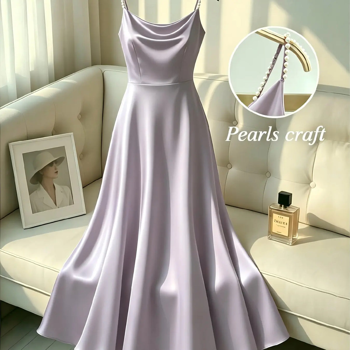 Elegant Satin Dress for Women, Handmade Beaded Strapless Formal Evening Gown, Waist Cinched Design, Pure Color Luxury Fashion